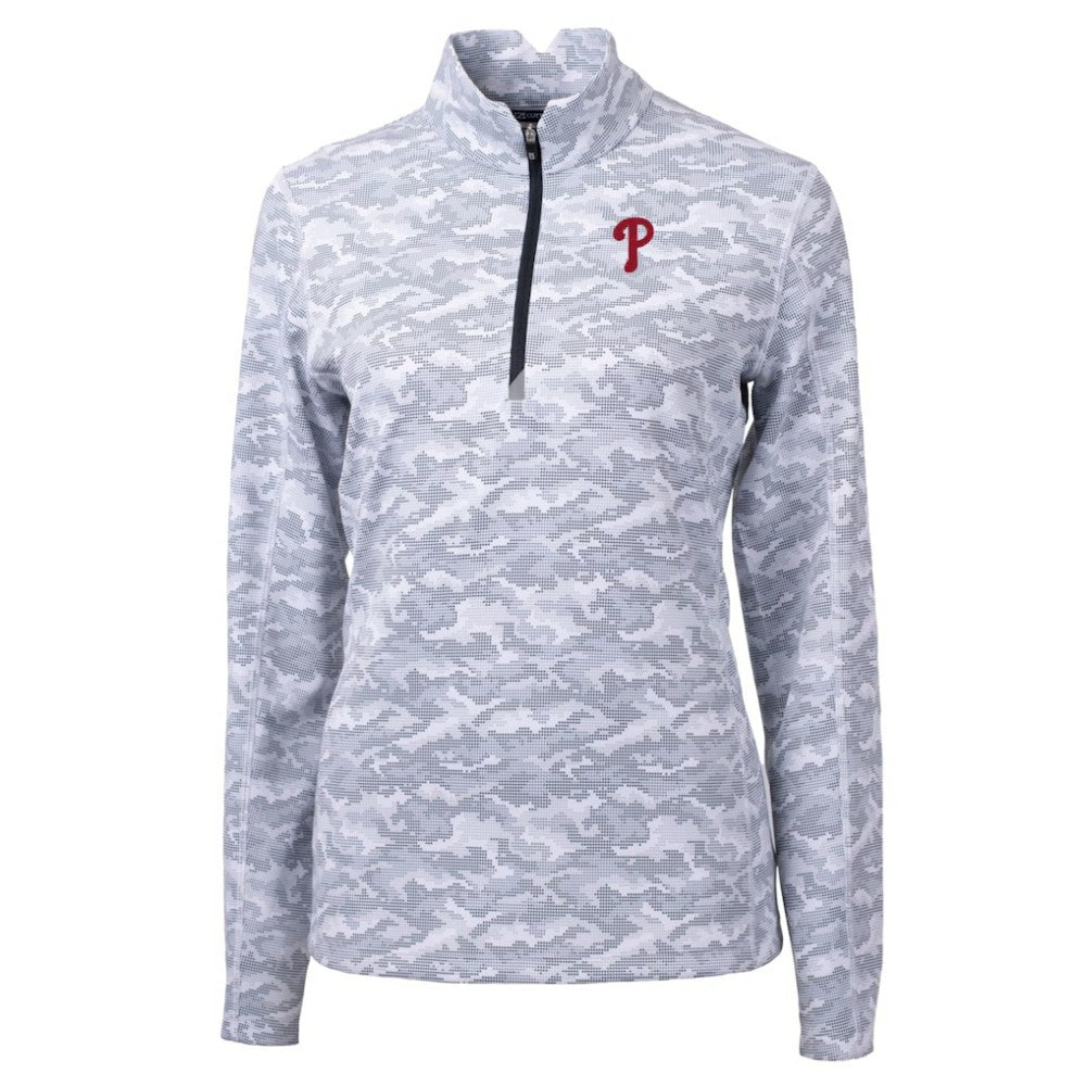 Philadelphia Phillies Cutter & Buck Women's Traverse Camo Print Stretch Quarter-Zip Pullover Top - MLB