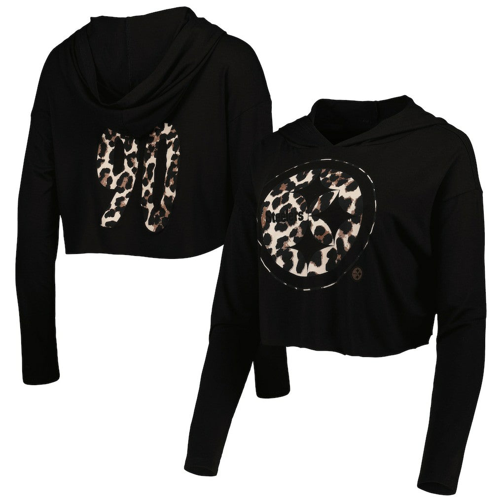 T.J. Watt Pittsburgh Steelers Majestic Threads Women's Leopard Player Name & Number Long Sleeve Cropped Hoodie Black | NFL