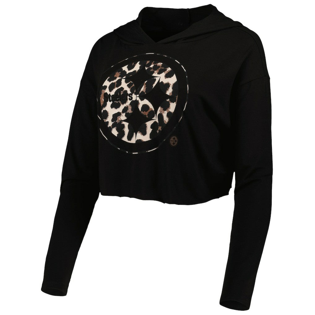 T.J. Watt Pittsburgh Steelers Majestic Threads Women's Leopard Player Name & Number Long Sleeve Cropped Hoodie Black | NFL