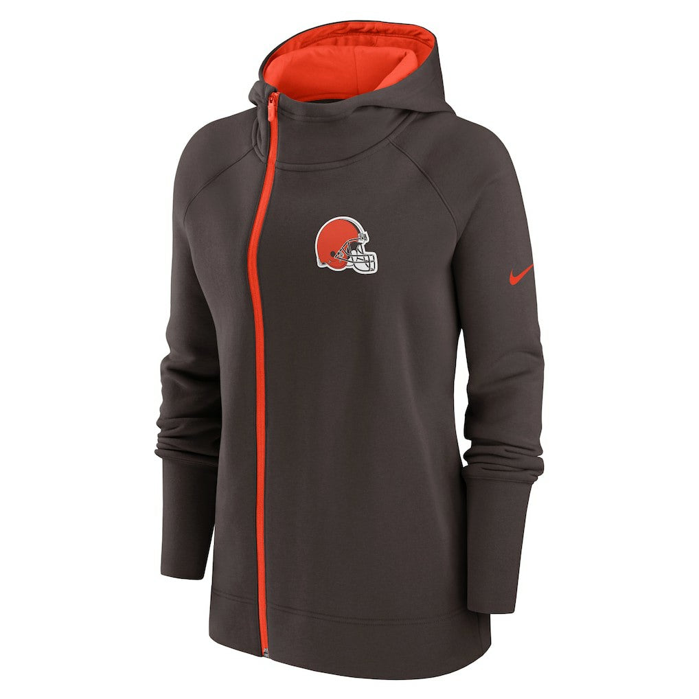 Cleveland Browns Women's Asymmetrical Raglan Full-Zip Hoodie Brown | Nike for Sale