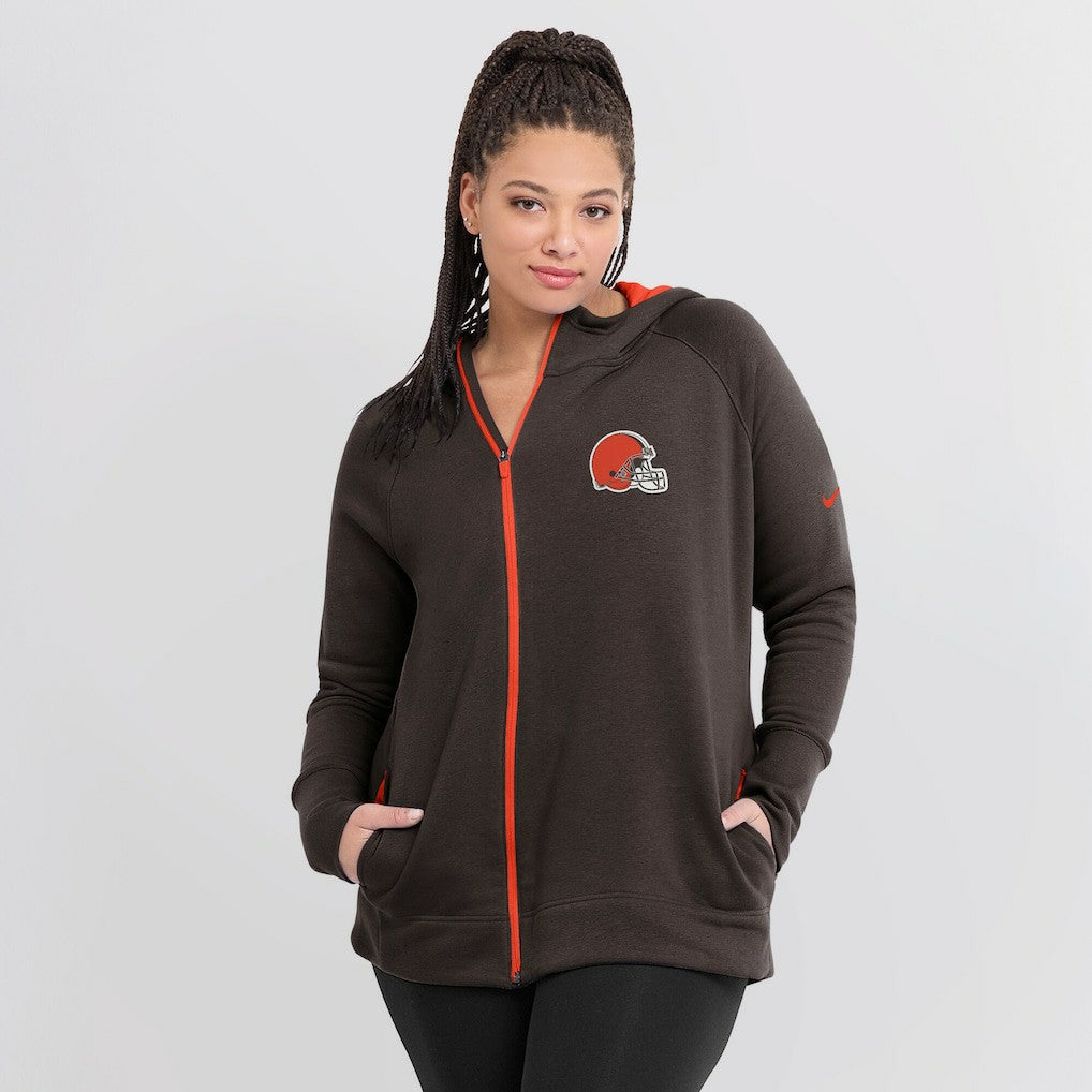 Cleveland Browns Women's Asymmetrical Raglan Full-Zip Hoodie Brown | Nike for Sale