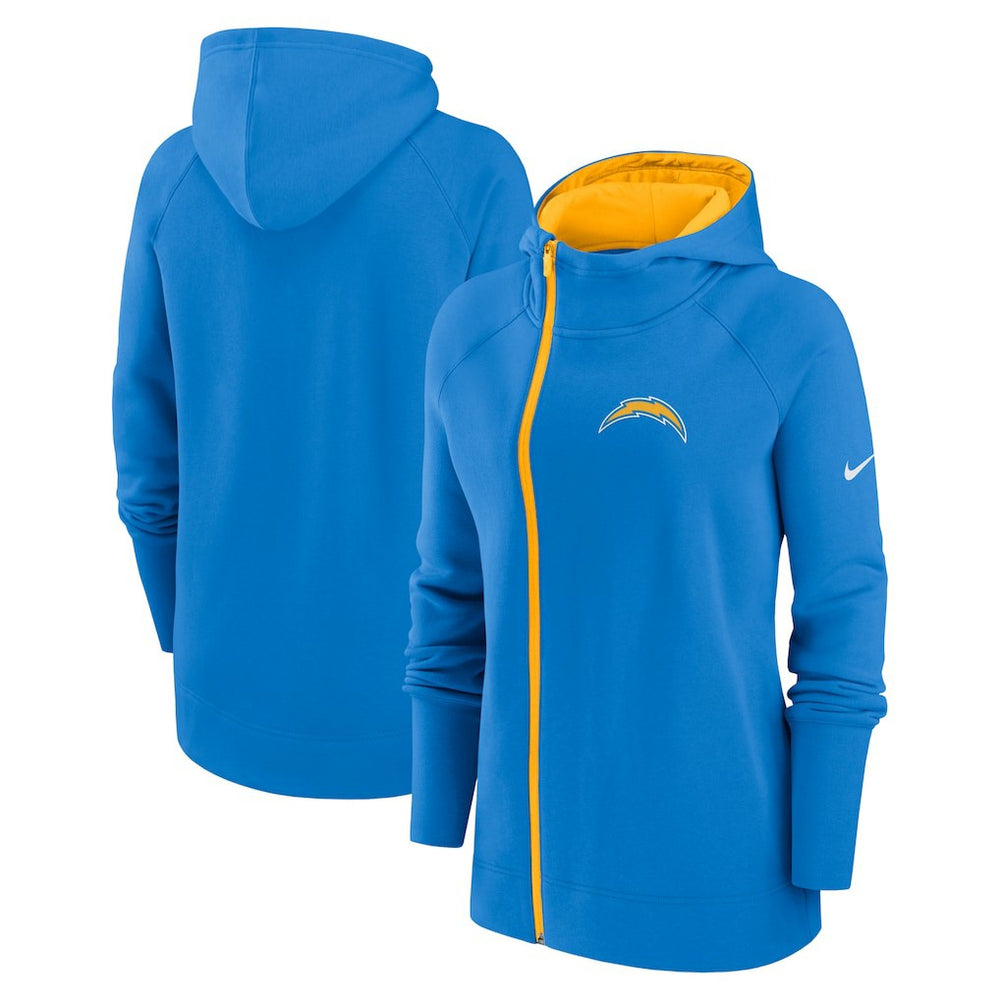 Los Angeles Chargers Women's Asymmetrical Raglan Full-Zip Hoodie Powder Blue | Nike for Sale