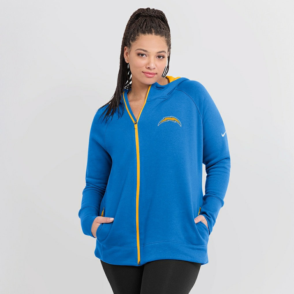 Los Angeles Chargers Women's Asymmetrical Raglan Full-Zip Hoodie Powder Blue | Nike for Sale