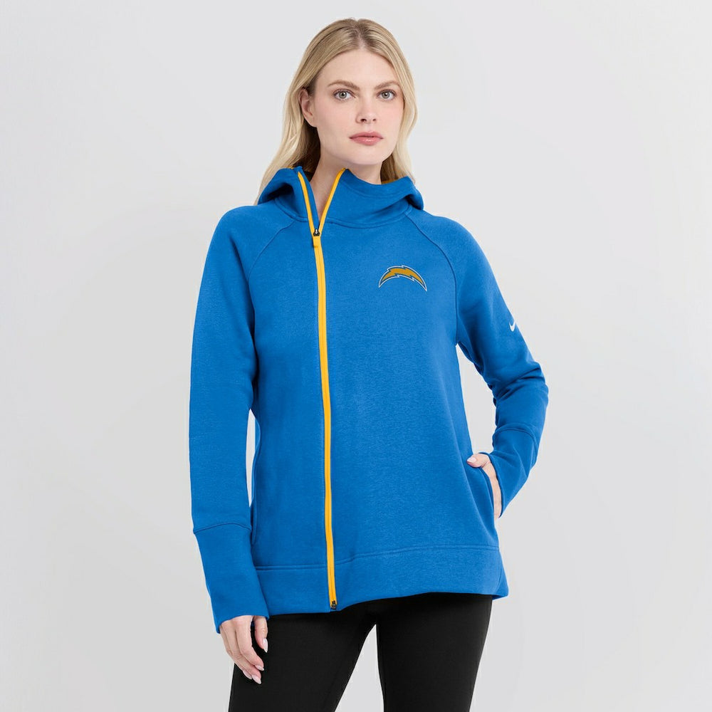 Los Angeles Chargers Women's Asymmetrical Raglan Full-Zip Hoodie Powder Blue | Nike for Sale