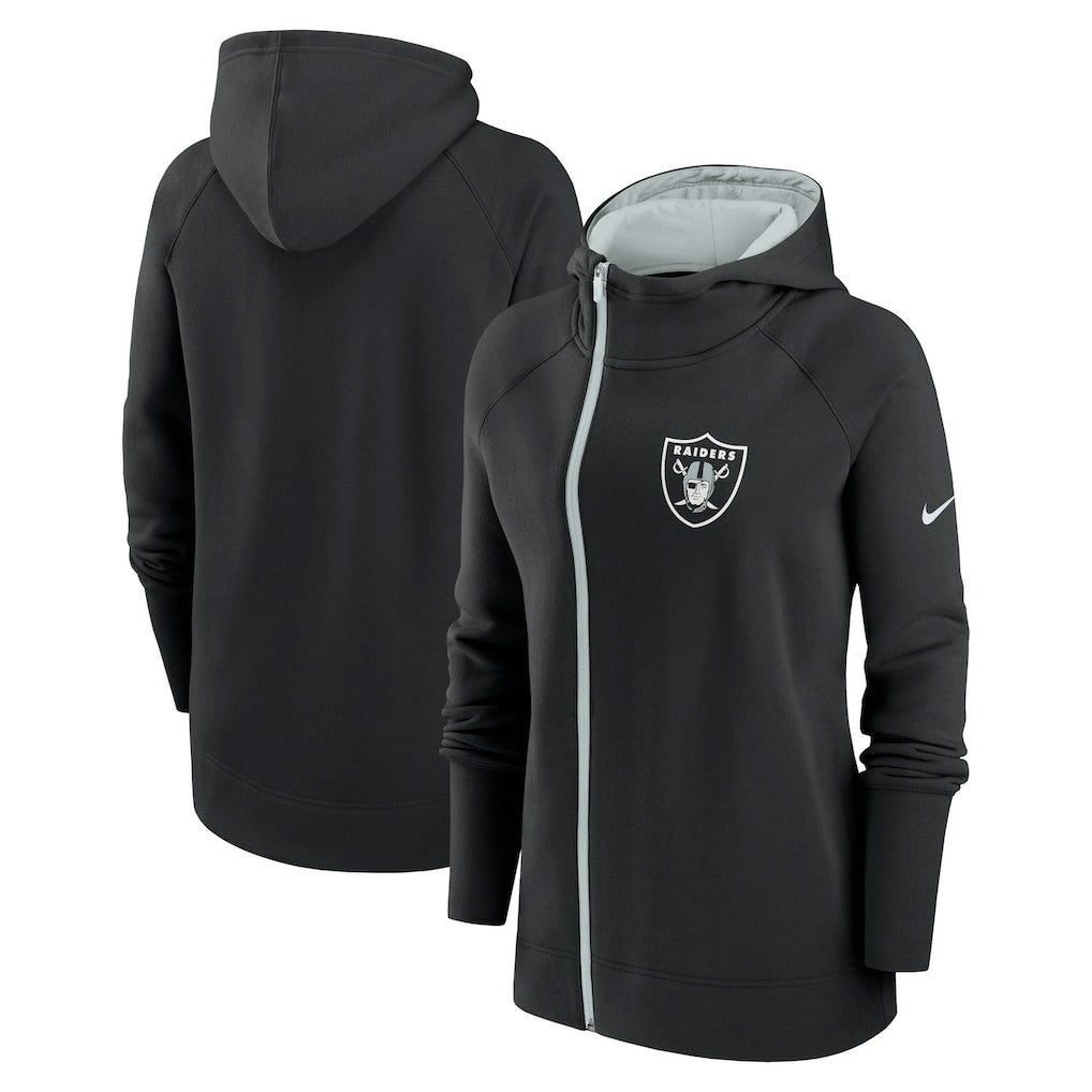 Las Vegas Raiders Women's Asymmetrical Raglan Full-Zip Hoodie Black | Nike for Sale