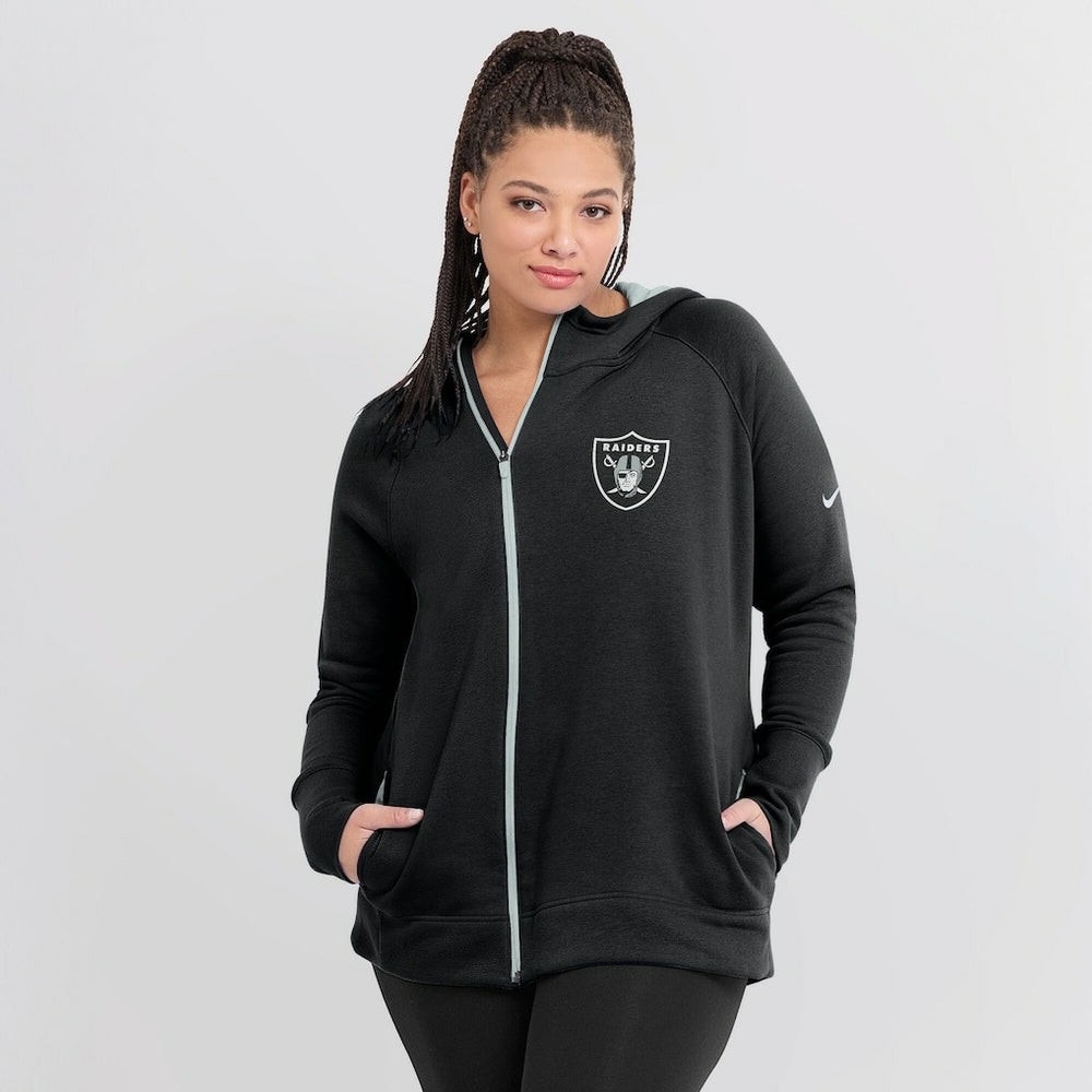 Las Vegas Raiders Women's Asymmetrical Raglan Full-Zip Hoodie Black | Nike for Sale