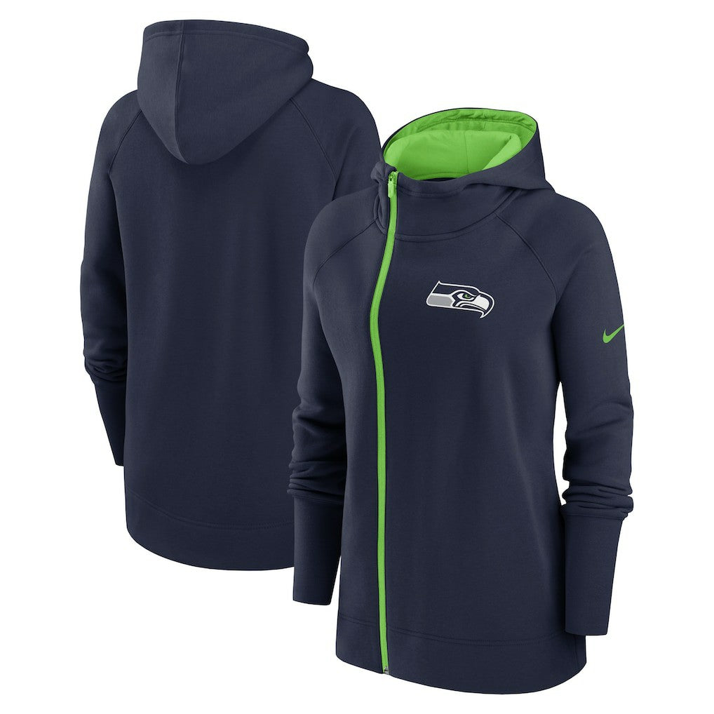 Seattle Seahawks Women's Asymmetrical Raglan Full-Zip Hoodie College Navy | Nike for Sale