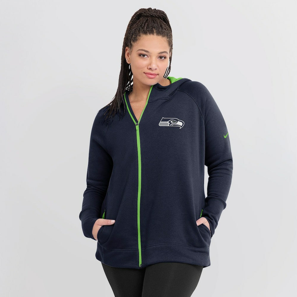 Seattle Seahawks Women's Asymmetrical Raglan Full-Zip Hoodie College Navy | Nike for Sale