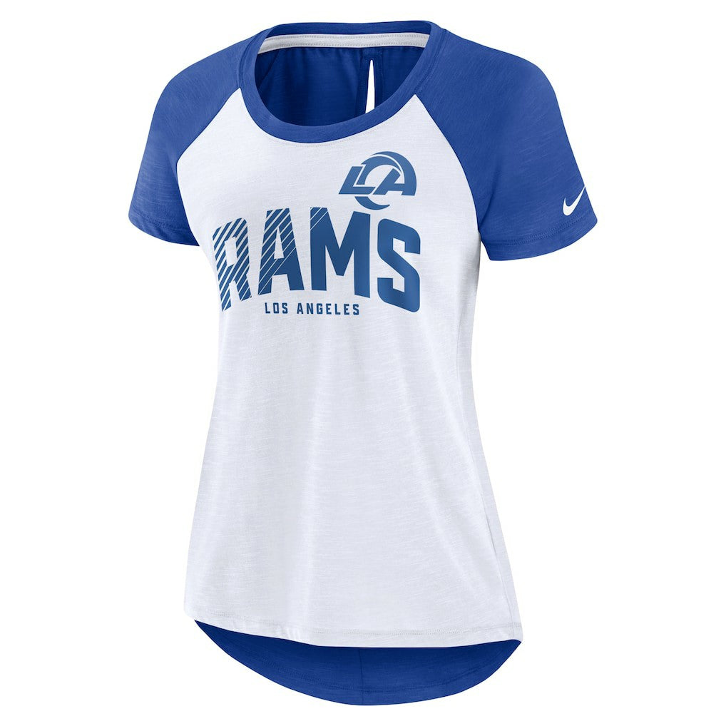 Los Angeles Rams Women's Back Slit Lightweight Fashion T-Shirt White/Heather Scarlet | Nike for Sale