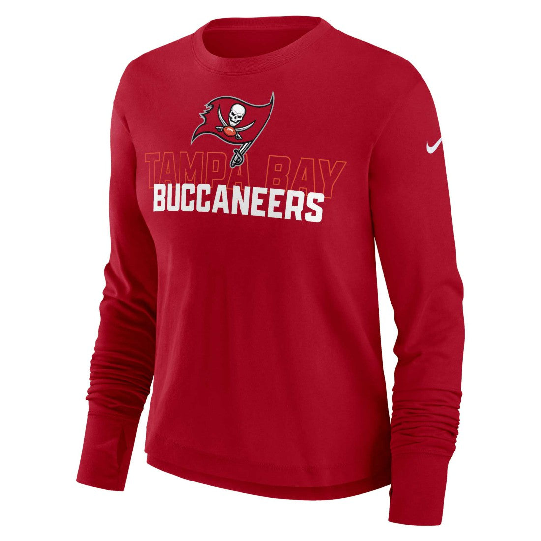 Tampa Bay Buccaneers Women's Modest Crop Performance Long Sleeve T-Shirt Red | Nike for Sale