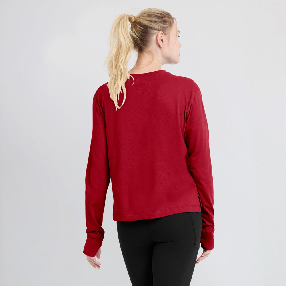 Tampa Bay Buccaneers Women's Modest Crop Performance Long Sleeve T-Shirt Red | Nike for Sale