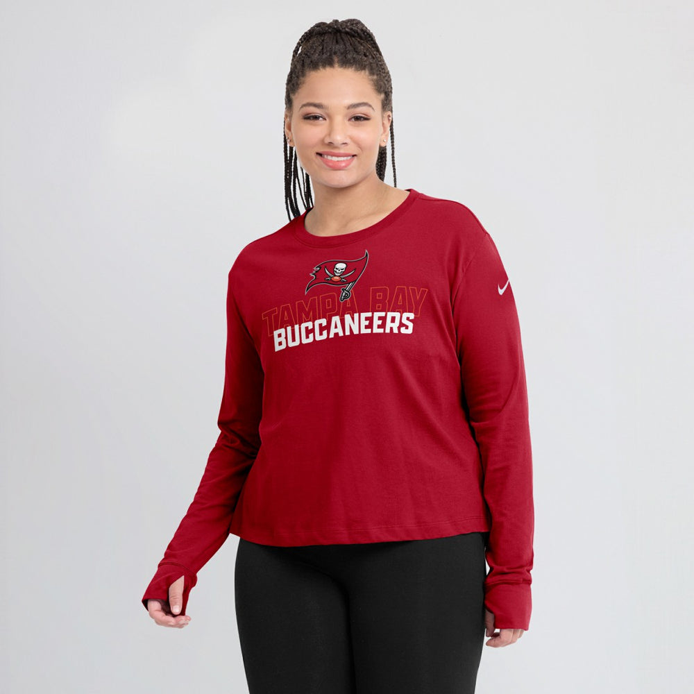 Tampa Bay Buccaneers Women's Modest Crop Performance Long Sleeve T-Shirt Red | Nike for Sale