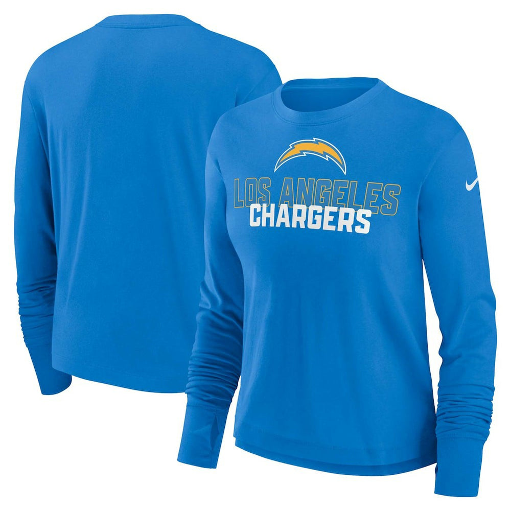 Los Angeles Chargers Women's Modest Crop Performance Long Sleeve T-Shirt Powder Blue | Nike for Sale