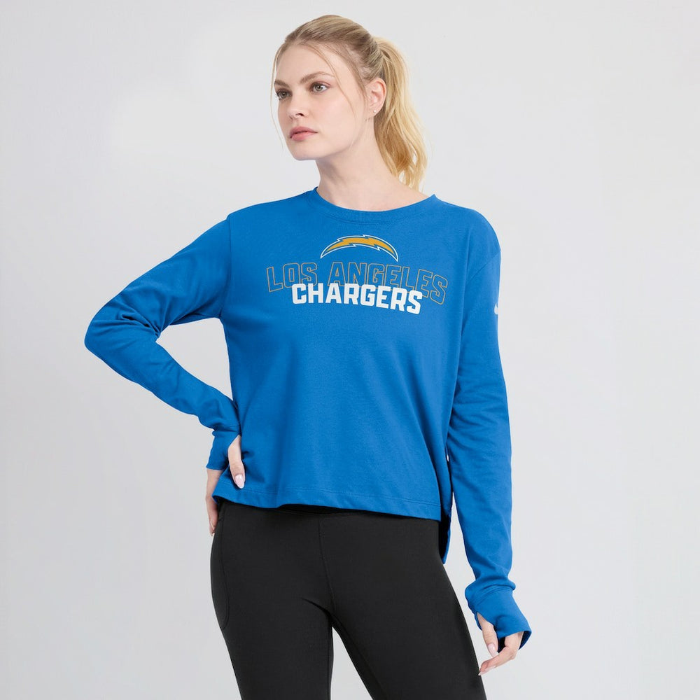 Los Angeles Chargers Women's Modest Crop Performance Long Sleeve T-Shirt Powder Blue | Nike for Sale