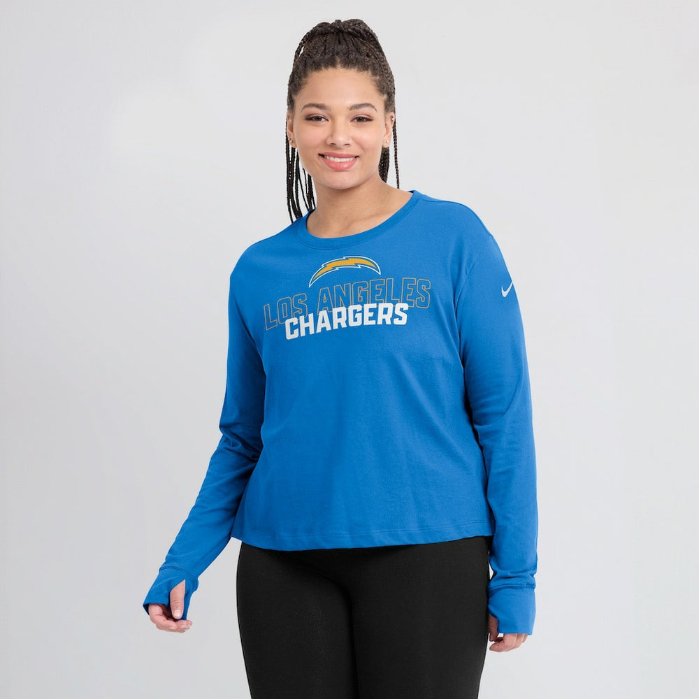 Los Angeles Chargers Women's Modest Crop Performance Long Sleeve T-Shirt Powder Blue | Nike for Sale