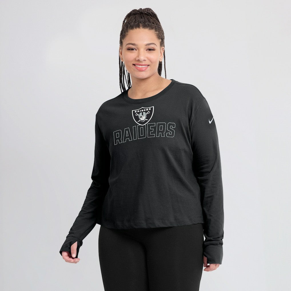 Las Vegas Raiders Women's Modest Crop Performance Long Sleeve T-Shirt Black | Nike for Sale