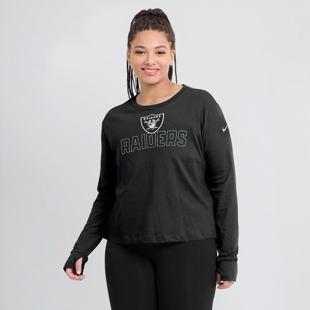 Las Vegas Raiders Women's Modest Crop Performance Long Sleeve T-Shirt Black | Nike for Sale