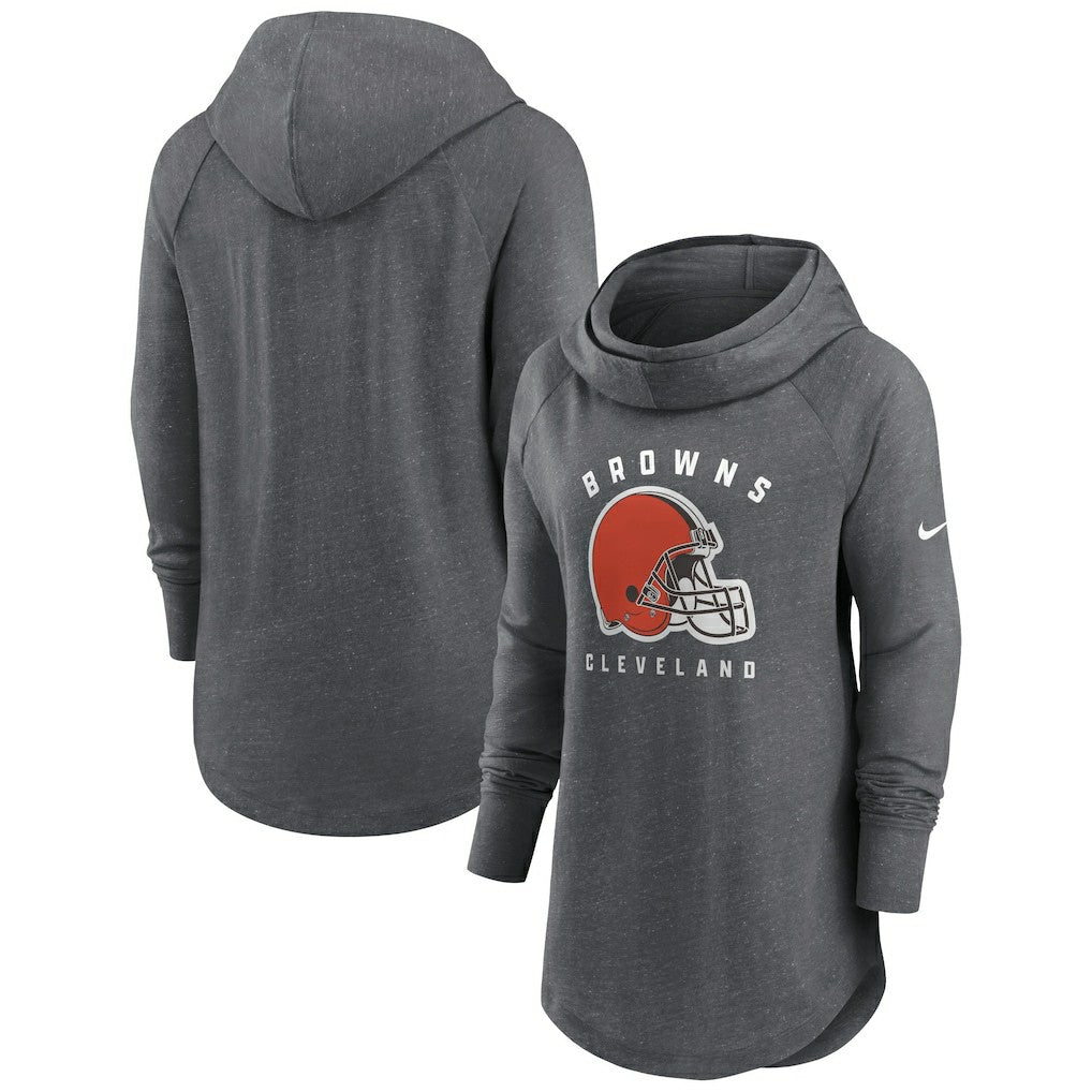 Cleveland Browns Women's Raglan Funnel Neck Pullover Hoodie Heather Charcoal | Nike for Sale