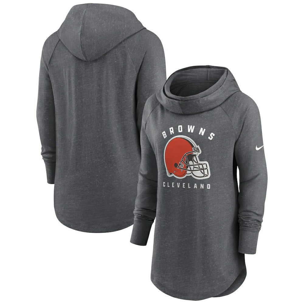 Cleveland Browns Women's Raglan Funnel Neck Pullover Hoodie Heather Charcoal | Nike for Sale