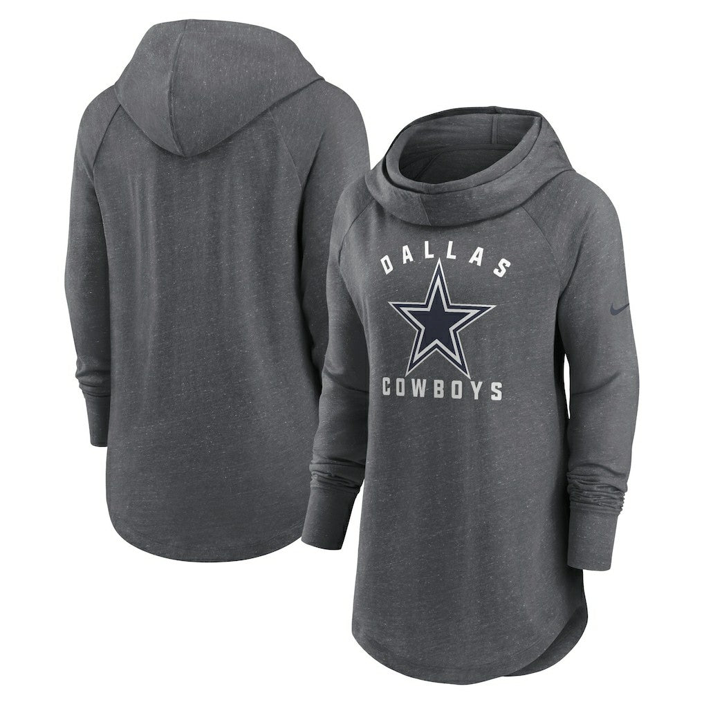 Dallas Cowboys Women's Raglan Funnel Neck Pullover Hoodie Heather Charcoal | Nike for Sale