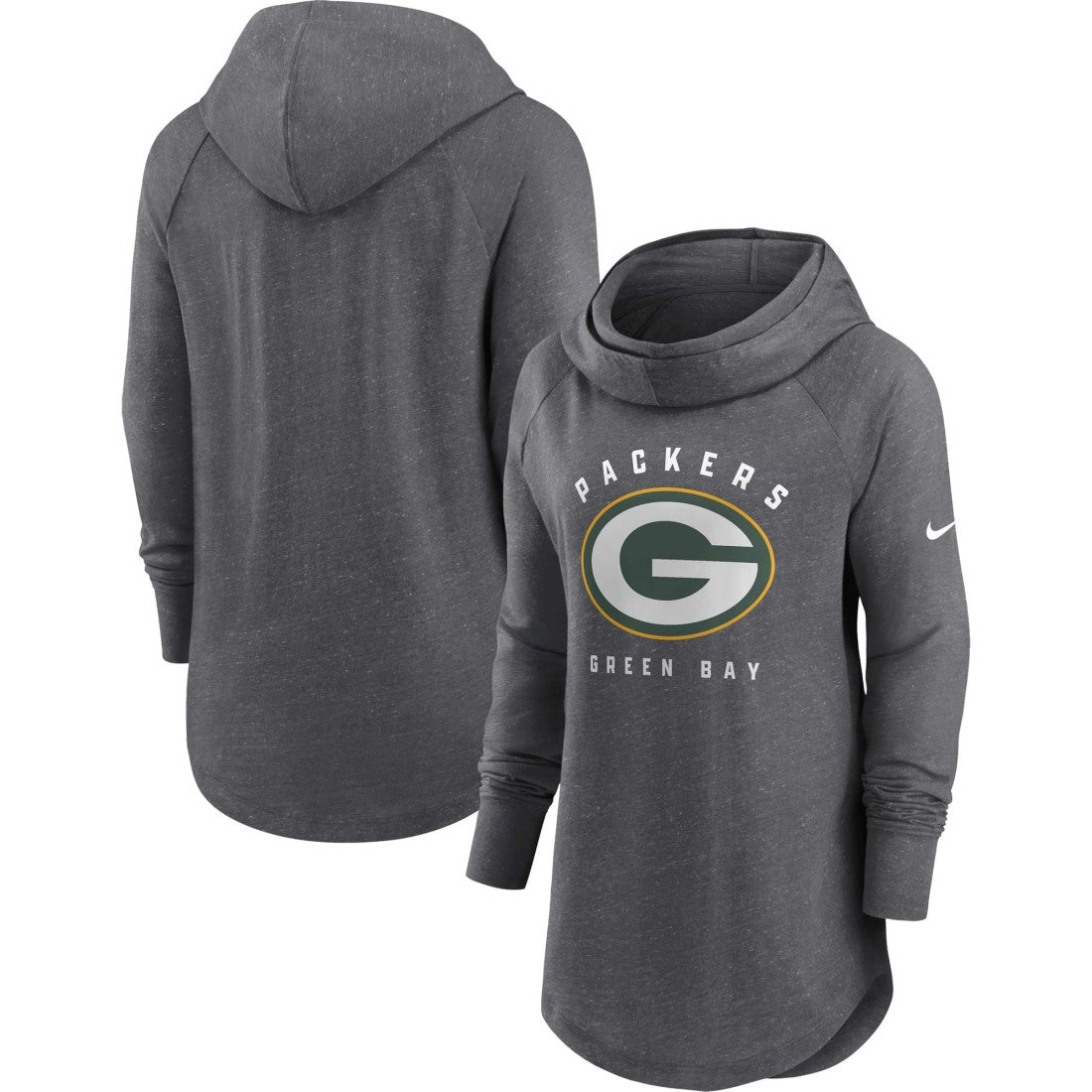 Green Bay Packers Women's Raglan Funnel Neck Pullover Hoodie Heather Charcoal | Nike for Sale