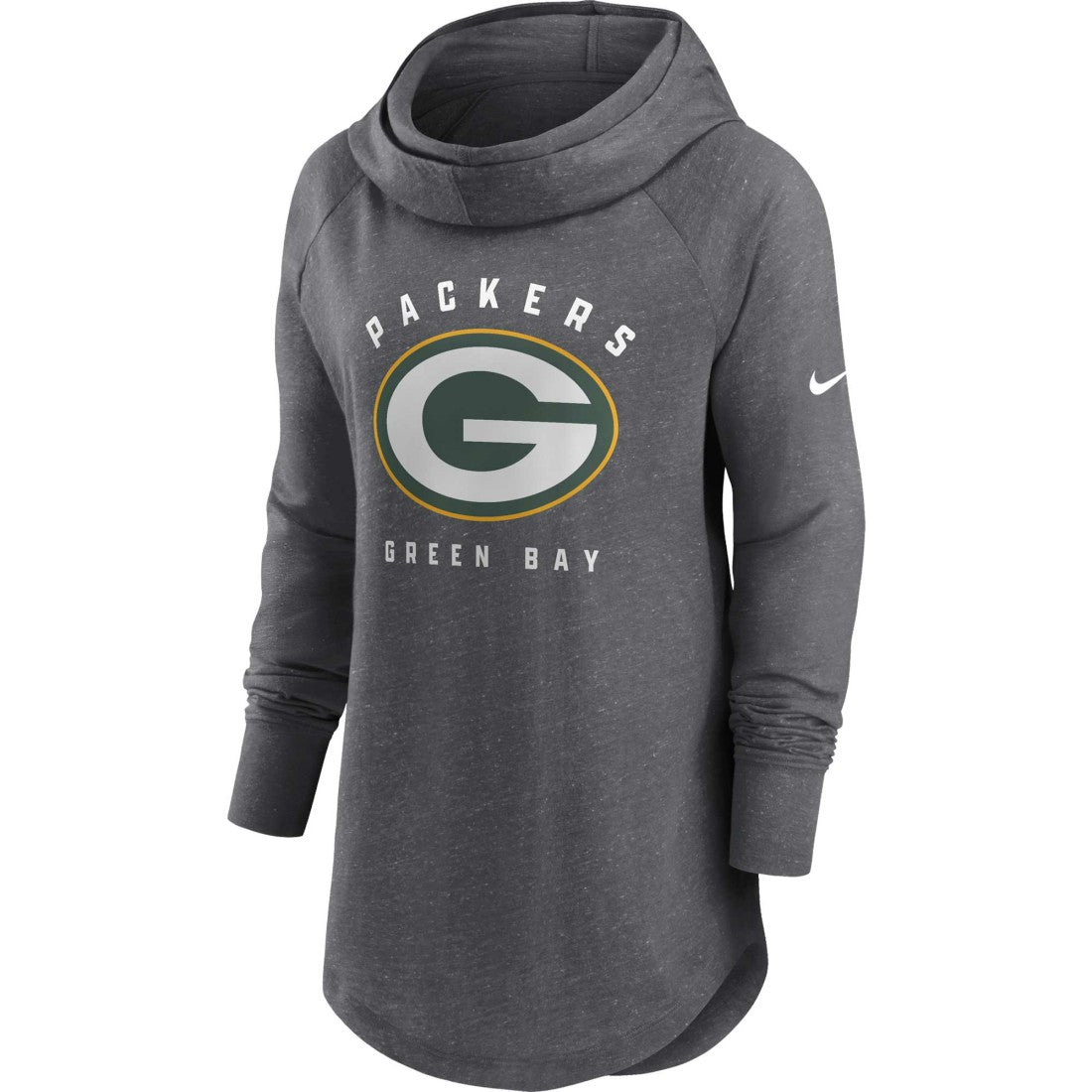 Green Bay Packers Women's Raglan Funnel Neck Pullover Hoodie Heather Charcoal | Nike for Sale