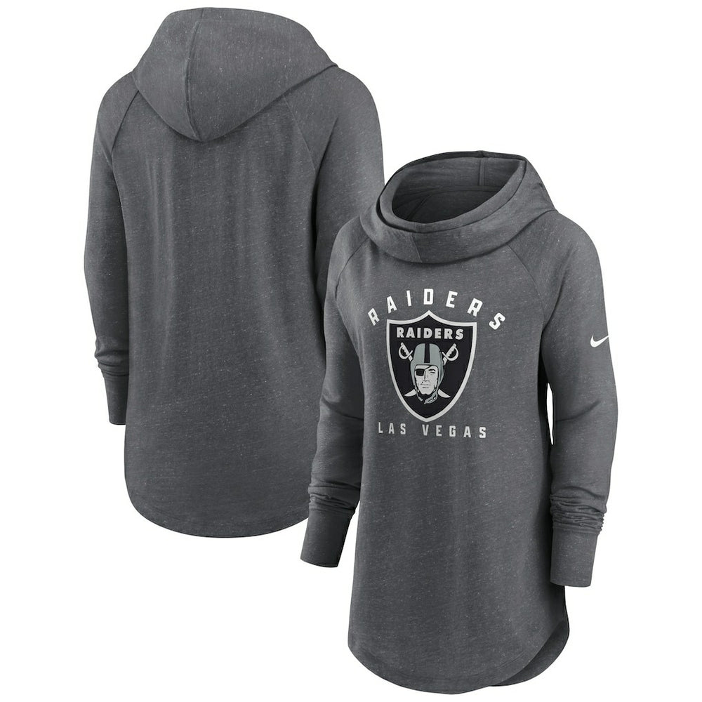 Las Vegas Raiders Women's Raglan Funnel Neck Pullover Hoodie Heather Charcoal | Nike for Sale