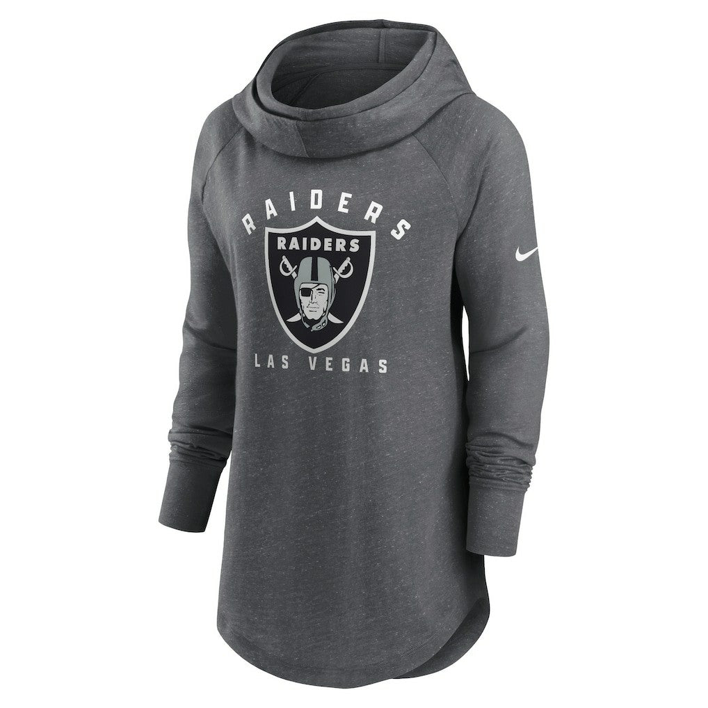 Las Vegas Raiders Women's Raglan Funnel Neck Pullover Hoodie Heather Charcoal | Nike for Sale