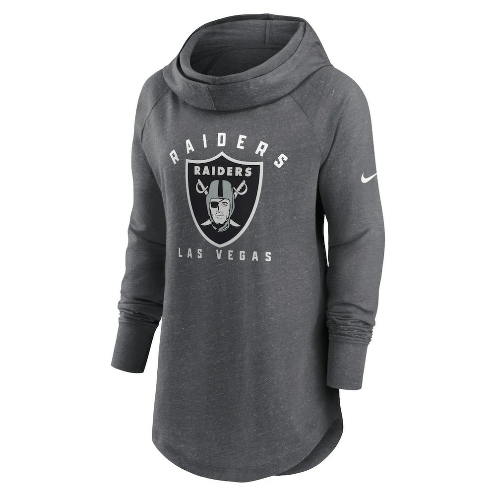 Las Vegas Raiders Women's Raglan Funnel Neck Pullover Hoodie Heather Charcoal | Nike for Sale
