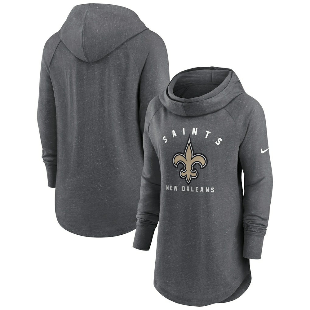 New Orleans Saints Women's Raglan Funnel Neck Pullover Hoodie Heather Charcoal | Nike for Sale