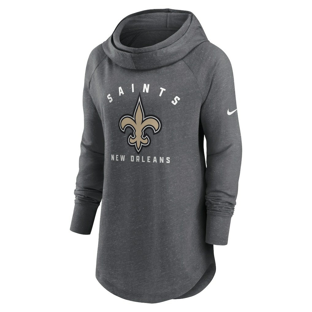 New Orleans Saints Women's Raglan Funnel Neck Pullover Hoodie Heather Charcoal | Nike for Sale