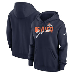 Denver Broncos Women's Wordmark Club Fleece Pullover Hoodie Navy | Nike for Sale