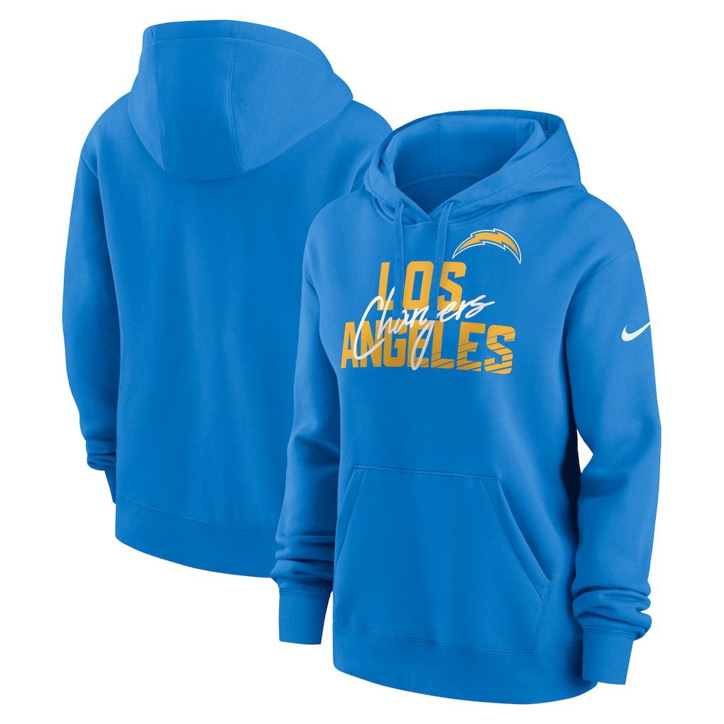 Los Angeles Chargers Women's Wordmark Club Fleece Pullover Hoodie Powder Blue | Nike for Sale