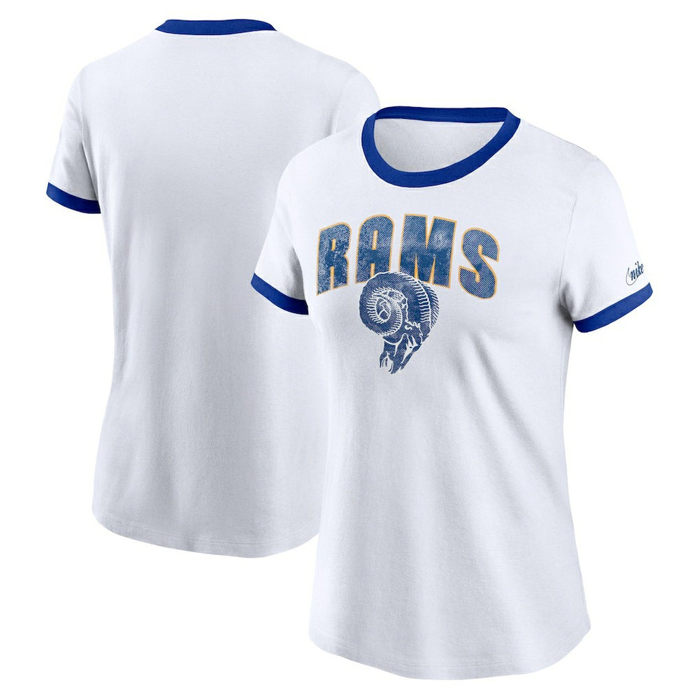 Los Angeles Rams Women's Rewind Ringer T-Shirt White | Nike for Sale