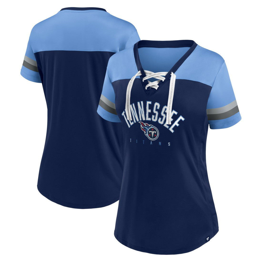 Tennessee Titans Women's Blitz & Glam Lace-Up V-Neck Jersey T-Shirt Navy/Light Blue | Fanatics