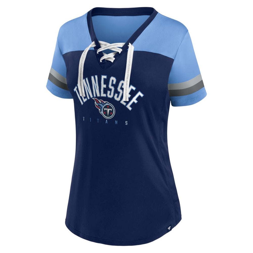 Tennessee Titans Women's Blitz & Glam Lace-Up V-Neck Jersey T-Shirt Navy/Light Blue | Fanatics
