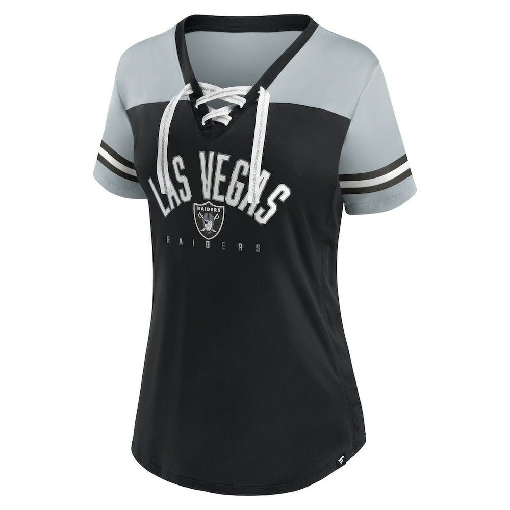 Las Vegas Raiders Women's Blitz & Glam Lace-Up V-Neck Jersey T-Shirt Black/Silver | Fanatics