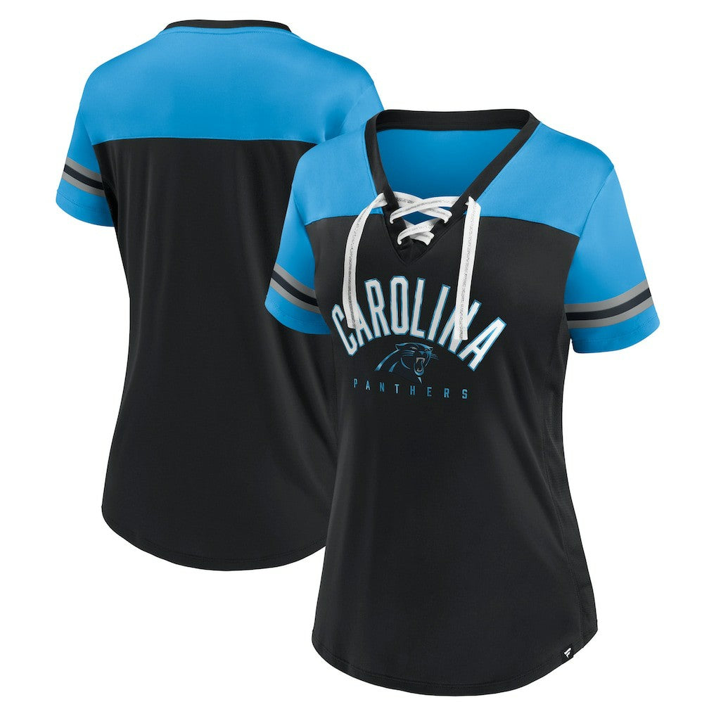 Carolina Panthers Women's Blitz & Glam Lace-Up V-Neck Jersey T-Shirt Black/Blue | Fanatics