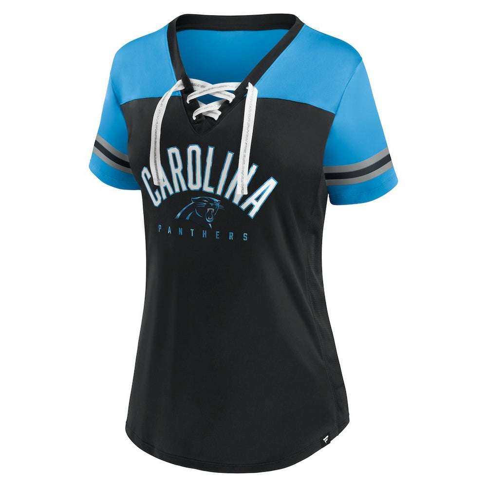 Carolina Panthers Women's Blitz & Glam Lace-Up V-Neck Jersey T-Shirt Black/Blue | Fanatics
