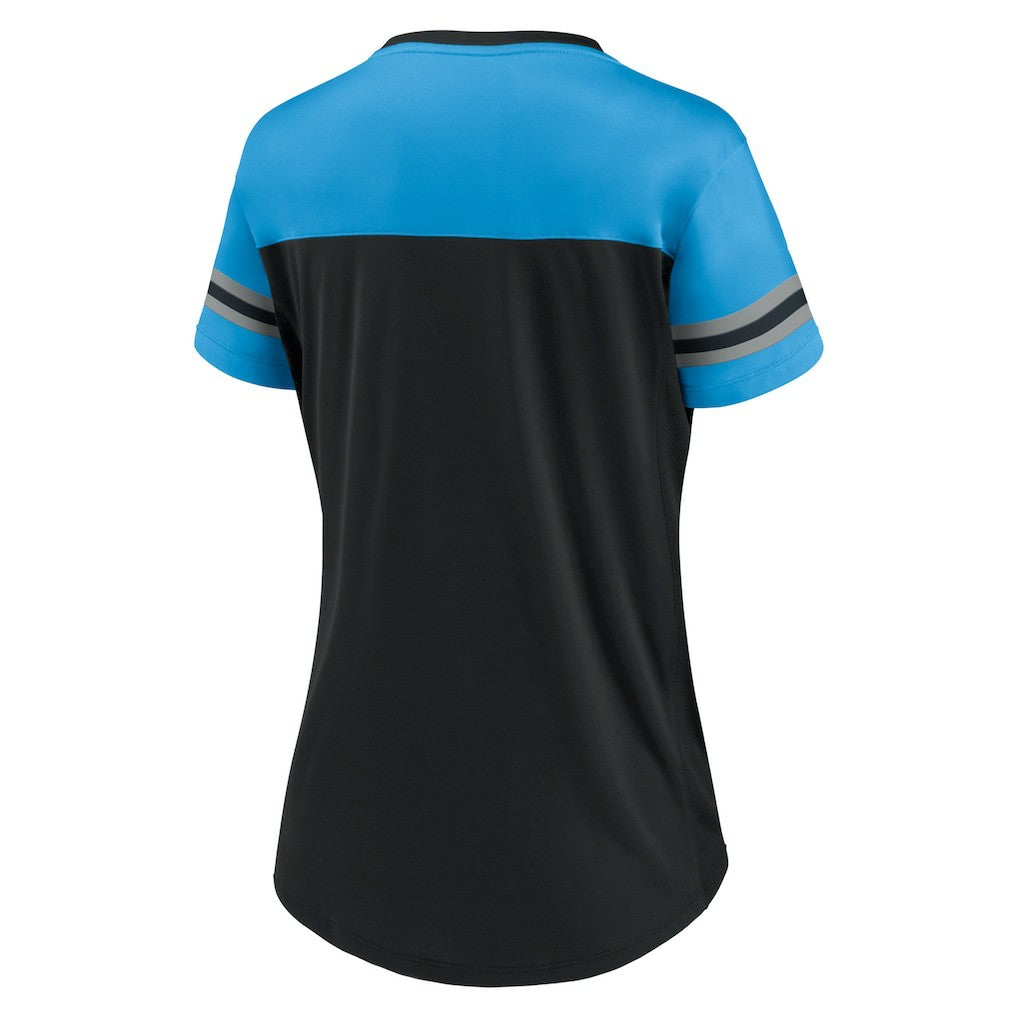 Carolina Panthers Women's Blitz & Glam Lace-Up V-Neck Jersey T-Shirt Black/Blue | Fanatics