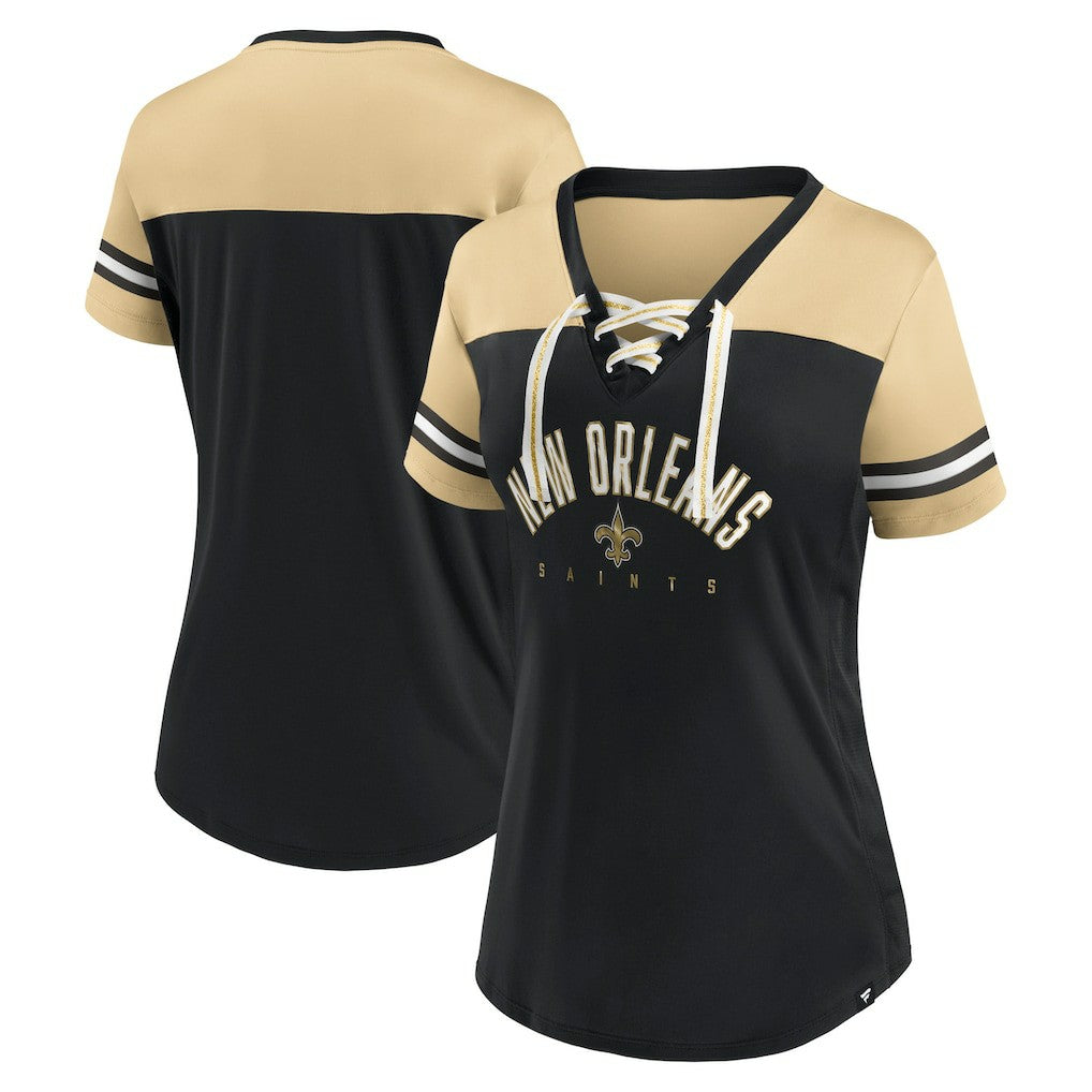 New Orleans Saints Women's Blitz & Glam Lace-Up V-Neck Jersey T-Shirt Black/Vegas Gold | Fanatics