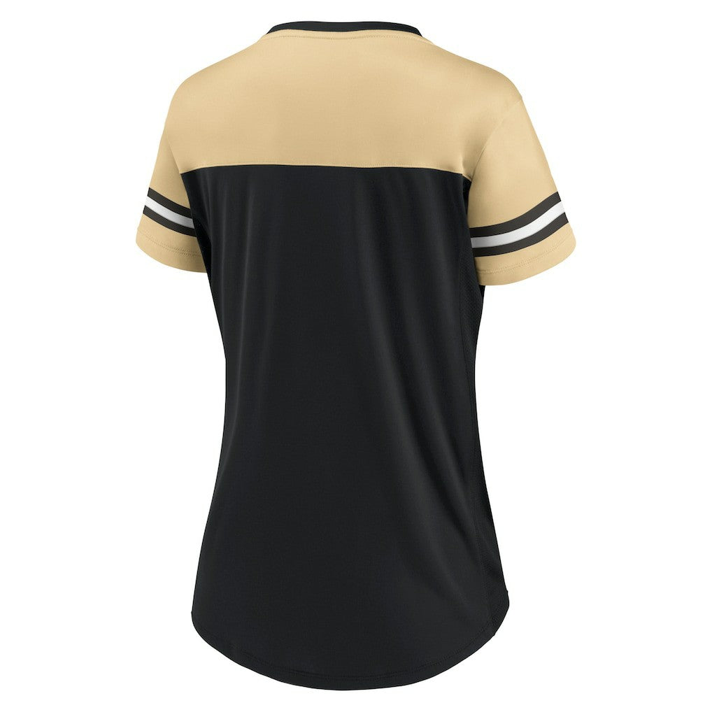 New Orleans Saints Women's Blitz & Glam Lace-Up V-Neck Jersey T-Shirt Black/Vegas Gold | Fanatics