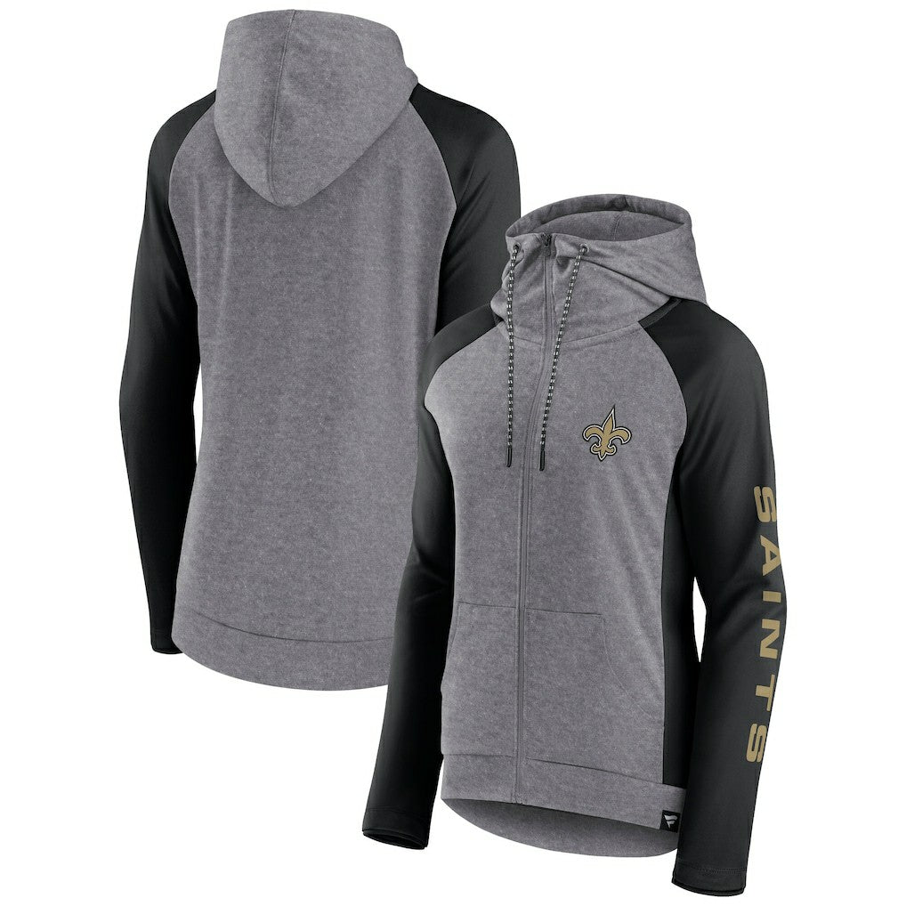 New Orleans Saints Women's Blind Side Lightweight Full-Zip Hoodie Heather Gray/College Black | Fanatics