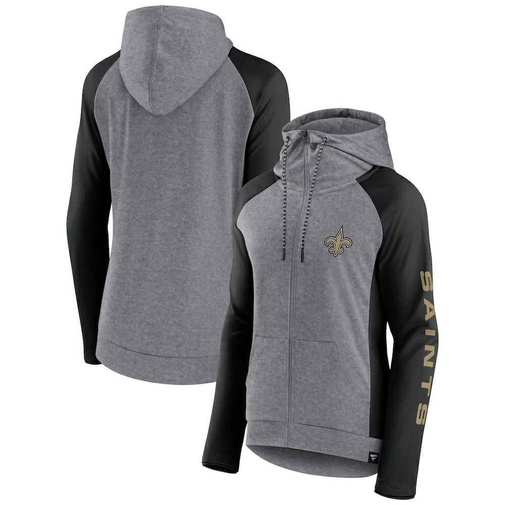 New Orleans Saints Women's Blind Side Lightweight Full-Zip Hoodie Heather Gray/College Black | Fanatics