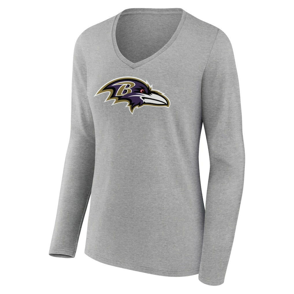 Baltimore Ravens Women's Primary Team Logo Long Sleeve V-Neck T-Shirt Heather Gray | NFL