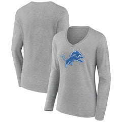 Detroit Lions Women's Primary Team Logo Long Sleeve V-Neck T-Shirt Heather Gray | NFL