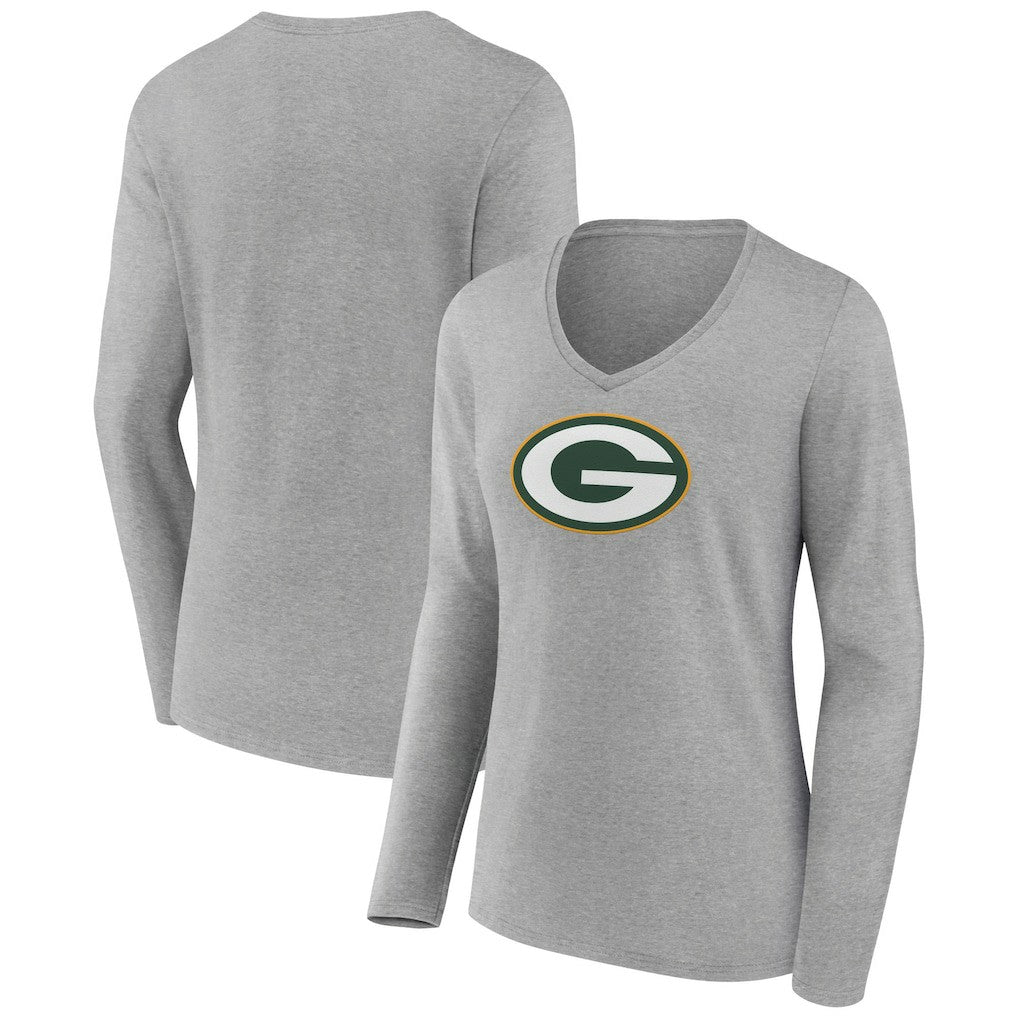 Green Bay Packers Women's Primary Team Logo Long Sleeve V-Neck T-Shirt Heather Gray | NFL