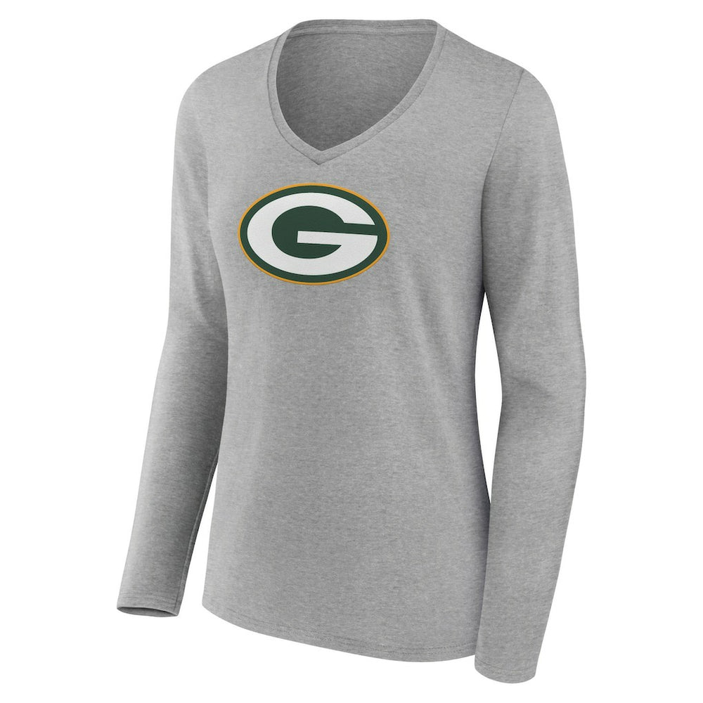 Green Bay Packers Women's Primary Team Logo Long Sleeve V-Neck T-Shirt Heather Gray | NFL