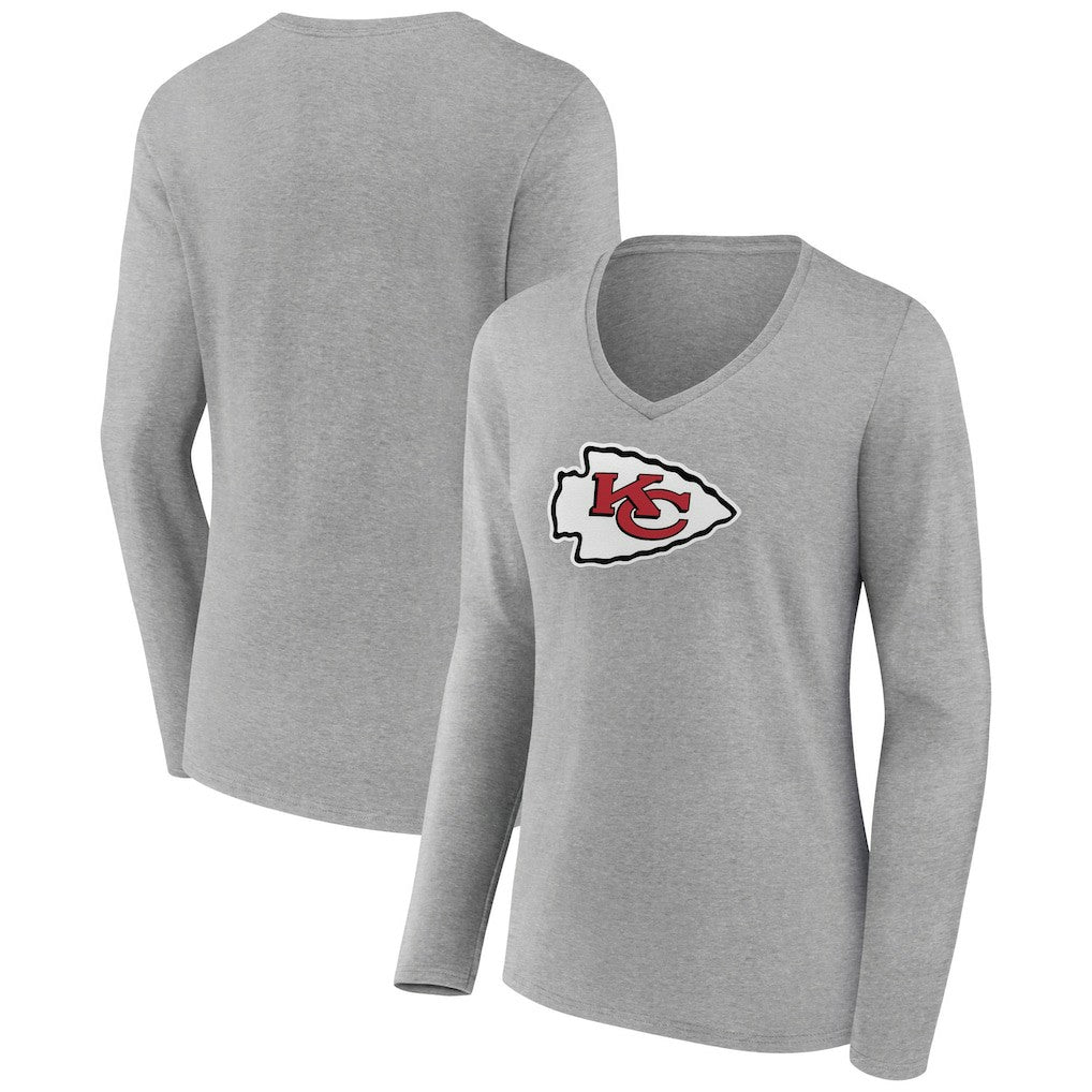 Kansas City Chiefs Women's Primary Team Logo Long Sleeve V-Neck T-Shirt Heather Gray | NFL
