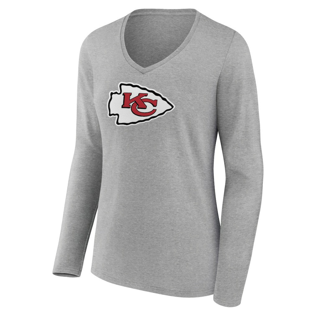 Kansas City Chiefs Women's Primary Team Logo Long Sleeve V-Neck T-Shirt Heather Gray | NFL